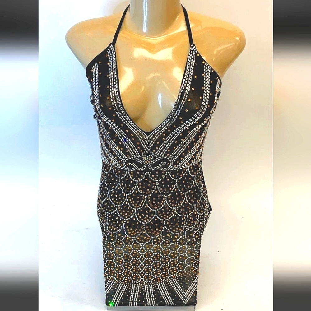 BNWT Monroe Paris Black Halter Dress Jazmine with Beaded Design Small - Picture 3 of 8